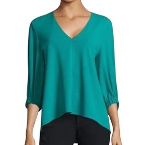 TIBI Structured Trapeze Blue Crepe Top 3/4 Sleeve V-Neck Size XS/S